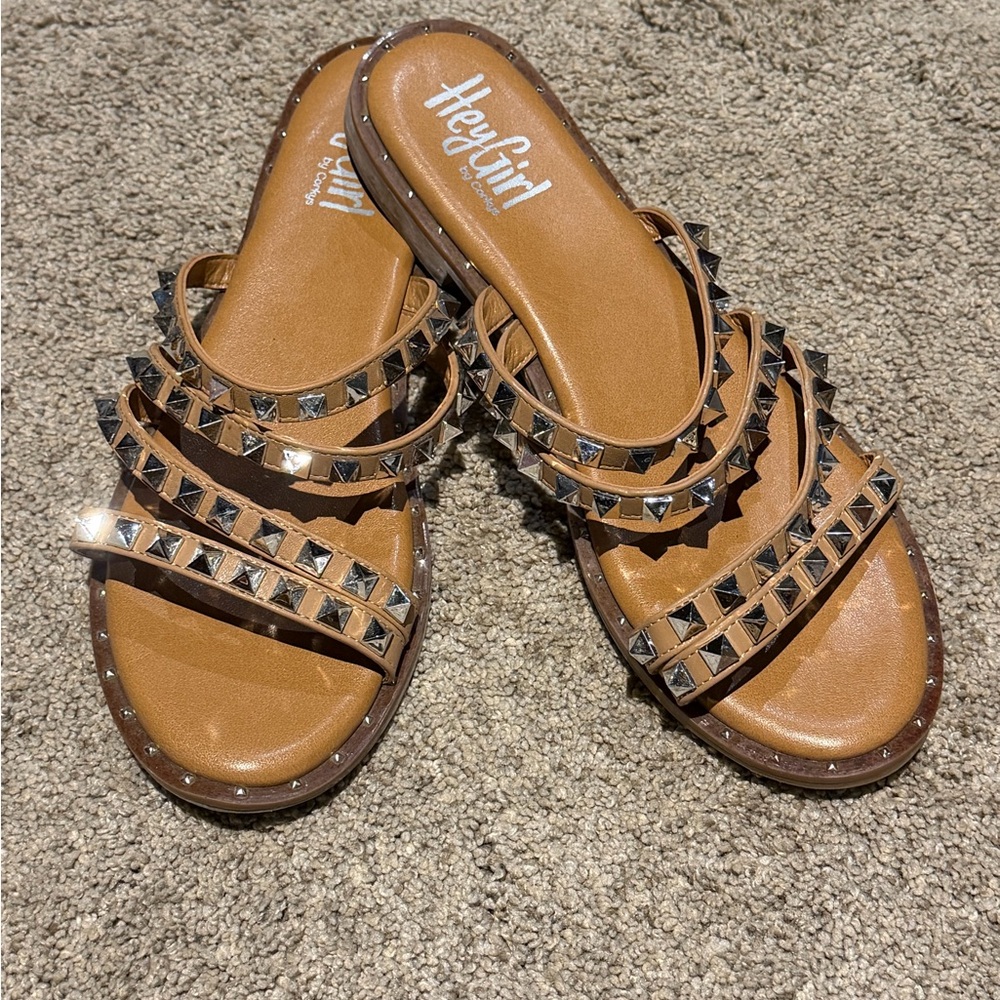 Heygirl Tan Studded Triple-Strip Slide Sandals